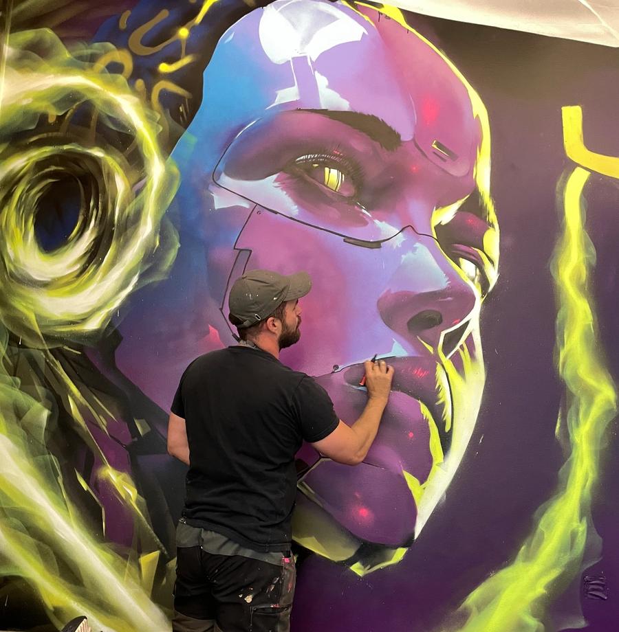 Hubexo AI — hand-painted mural by Spraya in Solna, Sweden