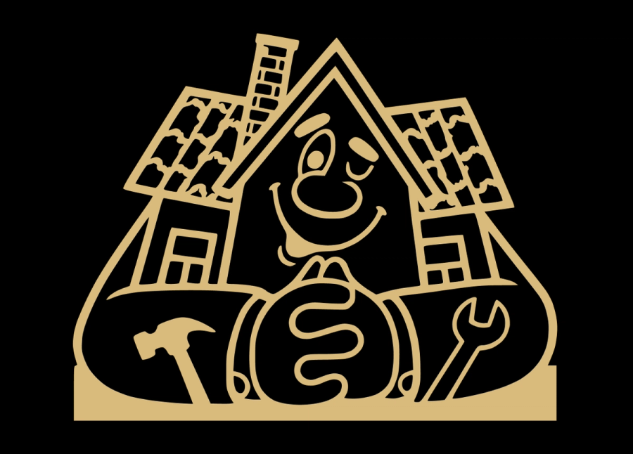 Den ursprungliga Lebe-loggan, en enkel guldteckning av ett leende hus med hammare och skiftnyckel. The original Lebe mascot logo, a simple gold line drawing of a smiling house holding a hammer and a wrench.