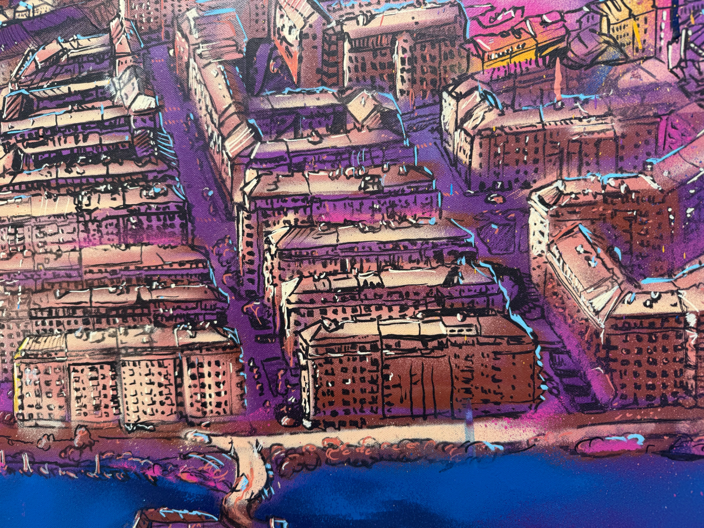 Bostadshus längs Hornstulls strand, detalj ur Södermalmsmålningen. Apartment buildings along Hornstull strand, detail of the Södermalm canvas painting.