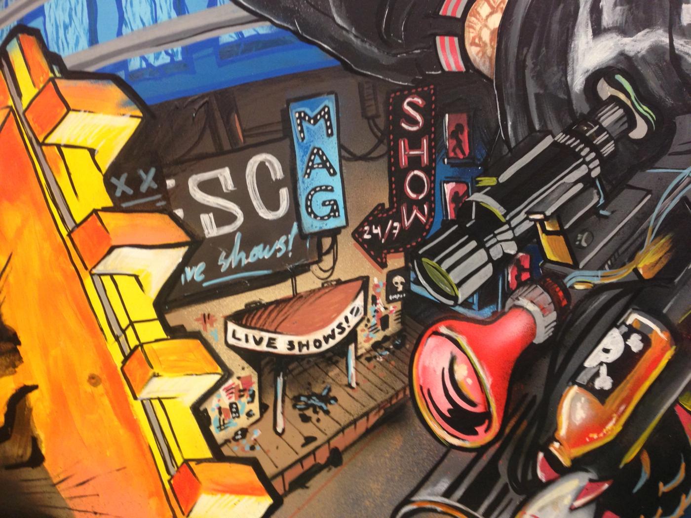Sunset Overdrive — hand-painted mural by Spraya in Kista, Stockholm