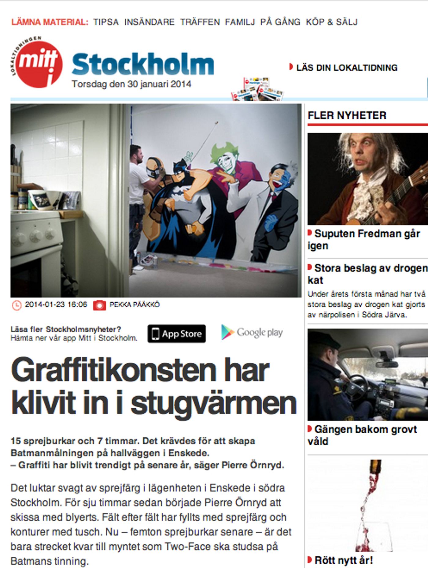 Artikel i lokaltidningen från 2014 om graffitimålningen i ett hem i Enskede. Local newspaper article from 2014 about the graffiti mural painted in a home in Enskede.