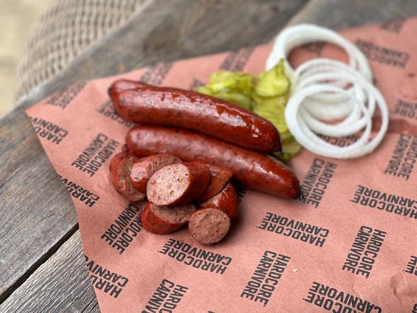 Hardcore Carnivore beef brisket sausages - available now at HEB