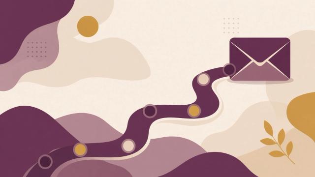 Illustration in plum, sand and gold: a winding path marked with milestones leads to an envelope, symbolizing an email marketing strategy