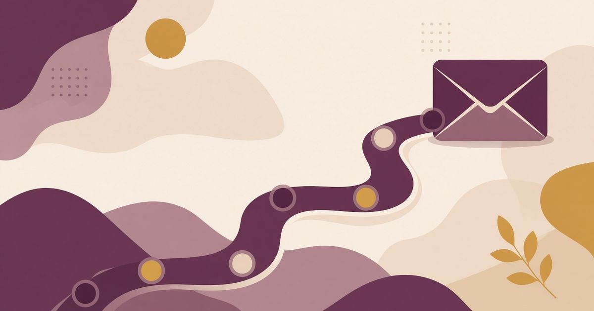 Illustration in plum, sand and gold: a winding path marked with milestones leads to an envelope, symbolizing an email marketing strategy