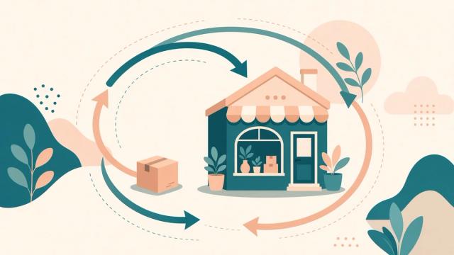Illustration in teal and peach: looping arrows bring a parcel back to a small shop, symbolizing customer retention