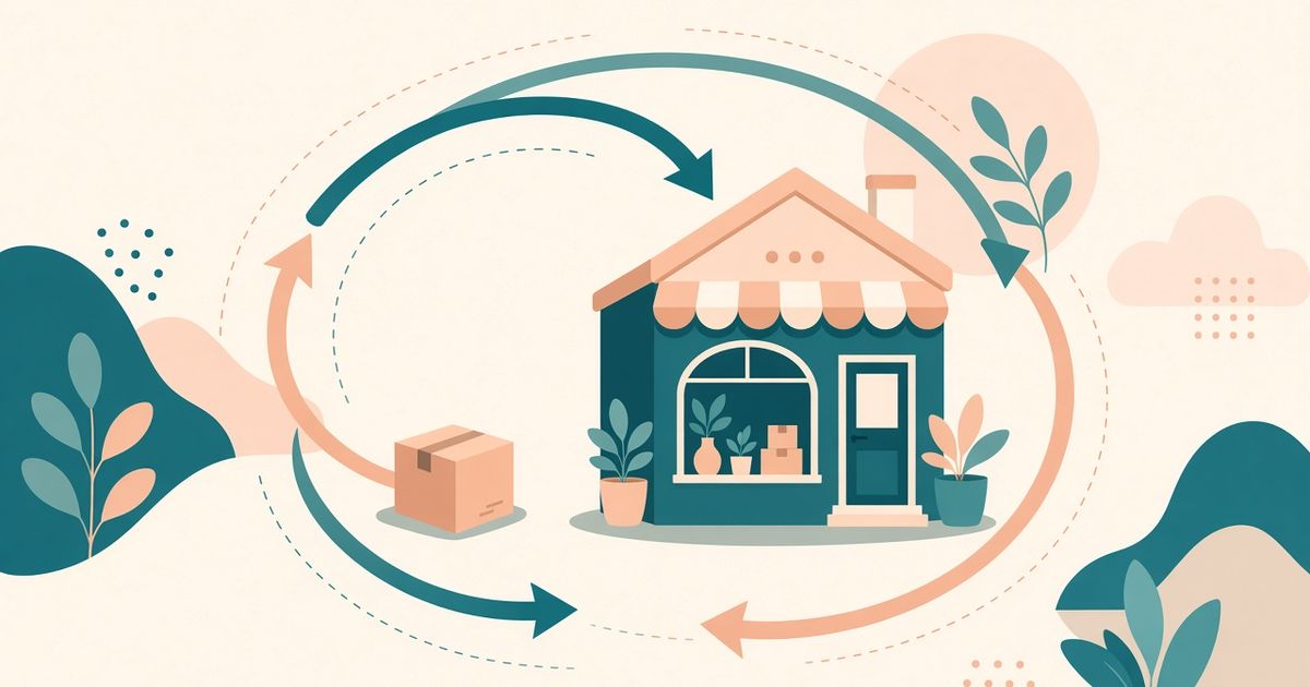 Illustration in teal and peach: looping arrows bring a parcel back to a small shop, symbolizing customer retention