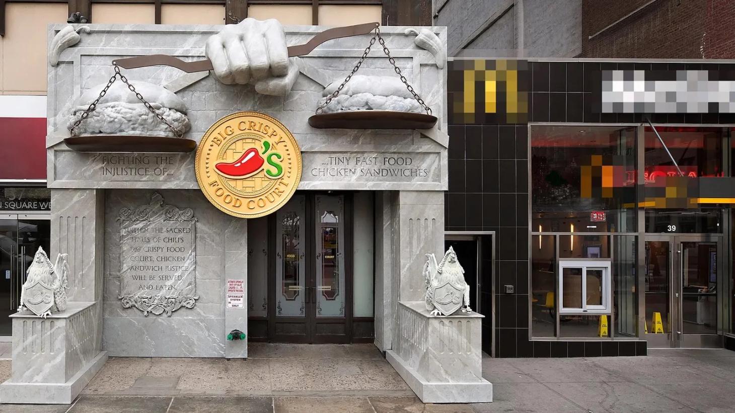 Chili's Big Crispy Food Court PR campaign pop-up staged beside a McDonald's in New York