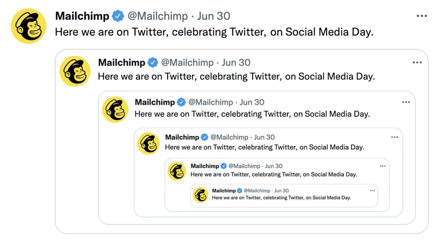 Mailchimp tweets responding to user queries, showcasing shareable content and customer support engagement.