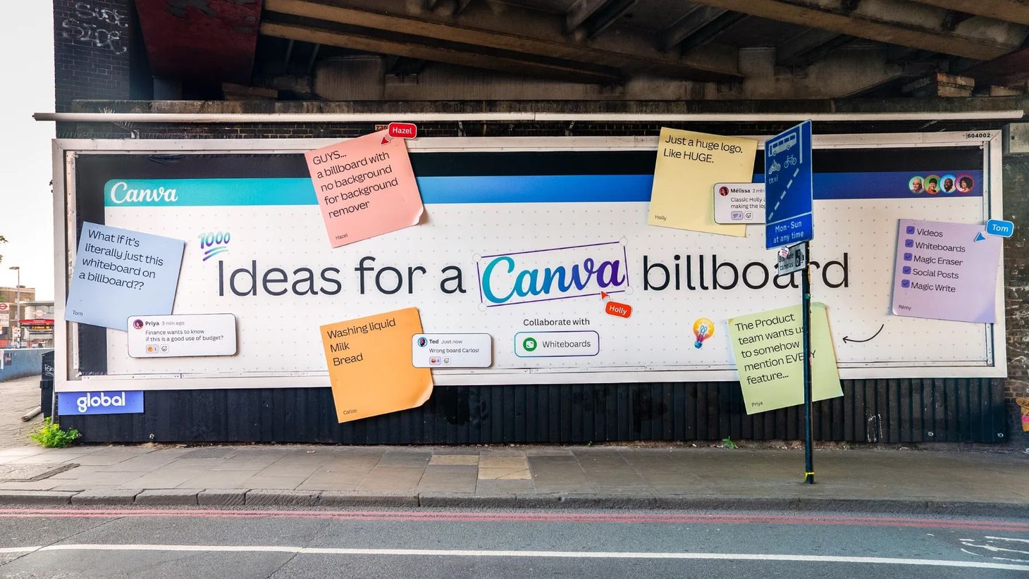 A billboard for design software Canva that extends unexpectedly beyond the borders of the hoarding