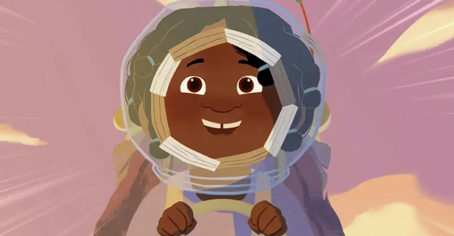 Smiling animated young girl wearing a makeshift astronaut helmet, steering an imaginary vehicle. Background is a radiant sky with hues of pink and orange.