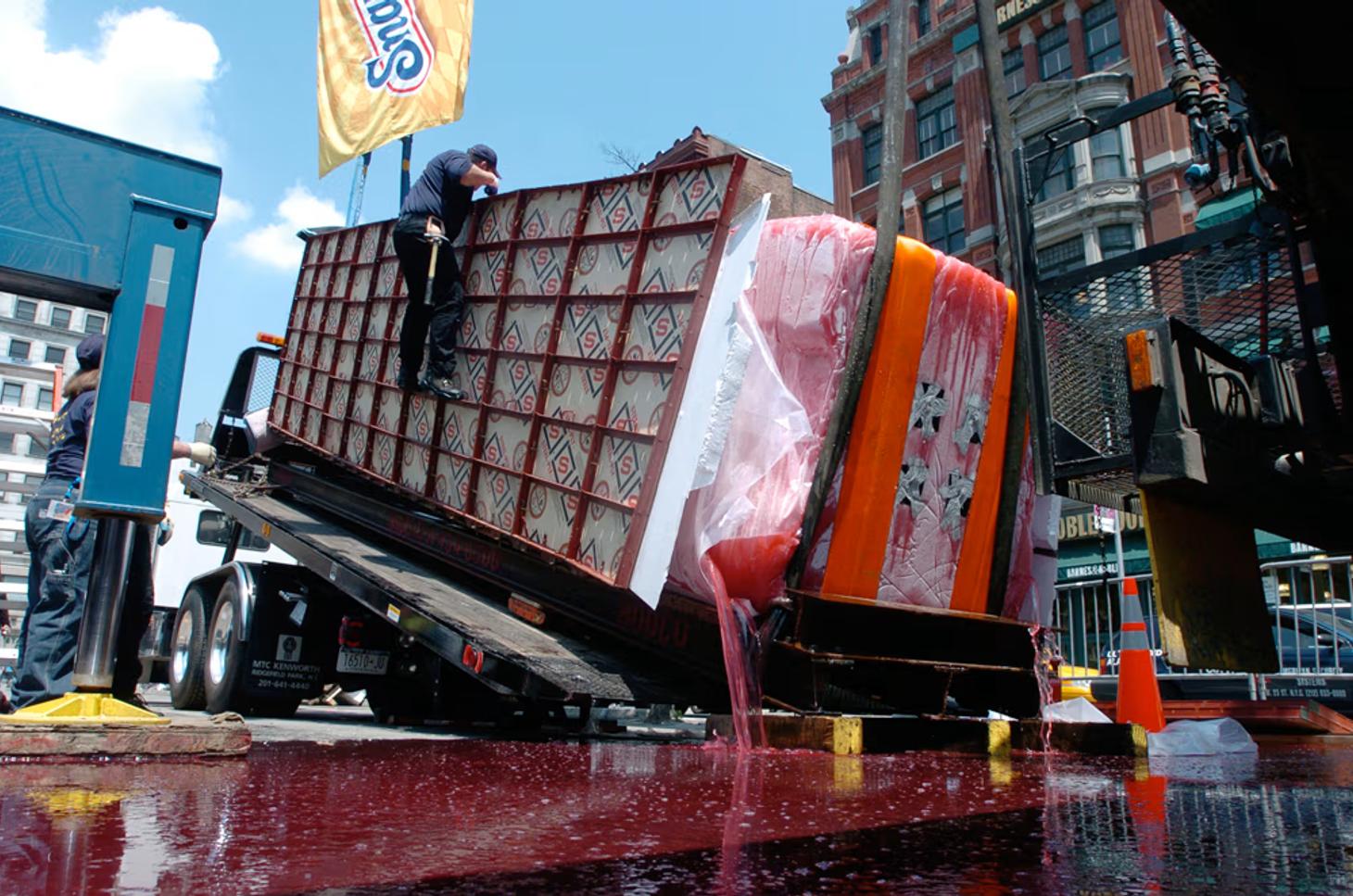 Snapple's giant ice pop PR stunt melting off a lorry in New York and flooding the street with pink liquid