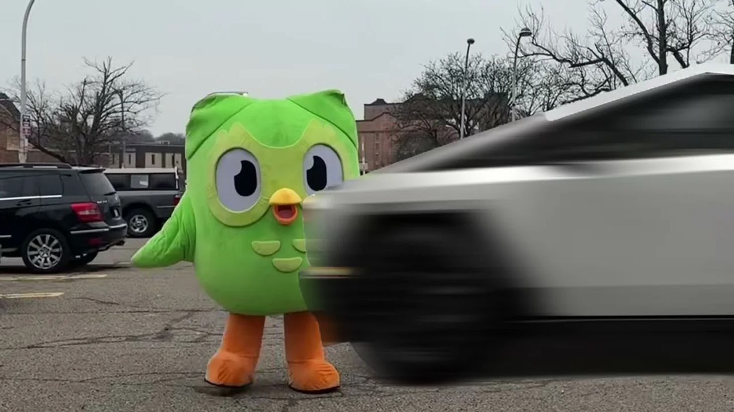 A person wearing Duolingo’s owl mascot costume with a blurred Tesla Cybertruck poorly photoshopped in as if it was about to hit him