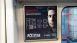 Amazon Prime’s Jack Ryan poster on a train, featuring a logic puzzle and the line “A CIA agent must be highly logical.” Part of Don’t Panic London’s interactive “How Jack Ryan Are You” campaign.