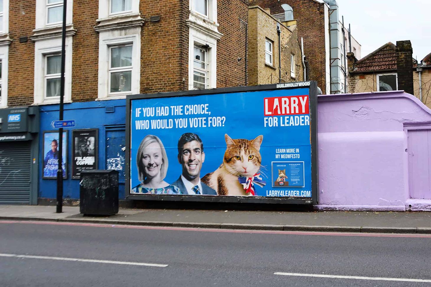 Larry 4 Leader campaign billboard showing Liz Truss, Rishi Sunak and Larry the cat