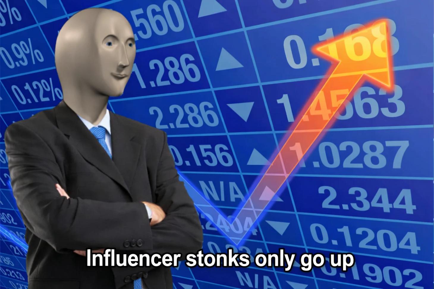 “stonks only go up” meme with a man wearing a ball cap emblazoned with the TikTok logo stands in front of stock market numbers next to a big arrow representing a graph going up