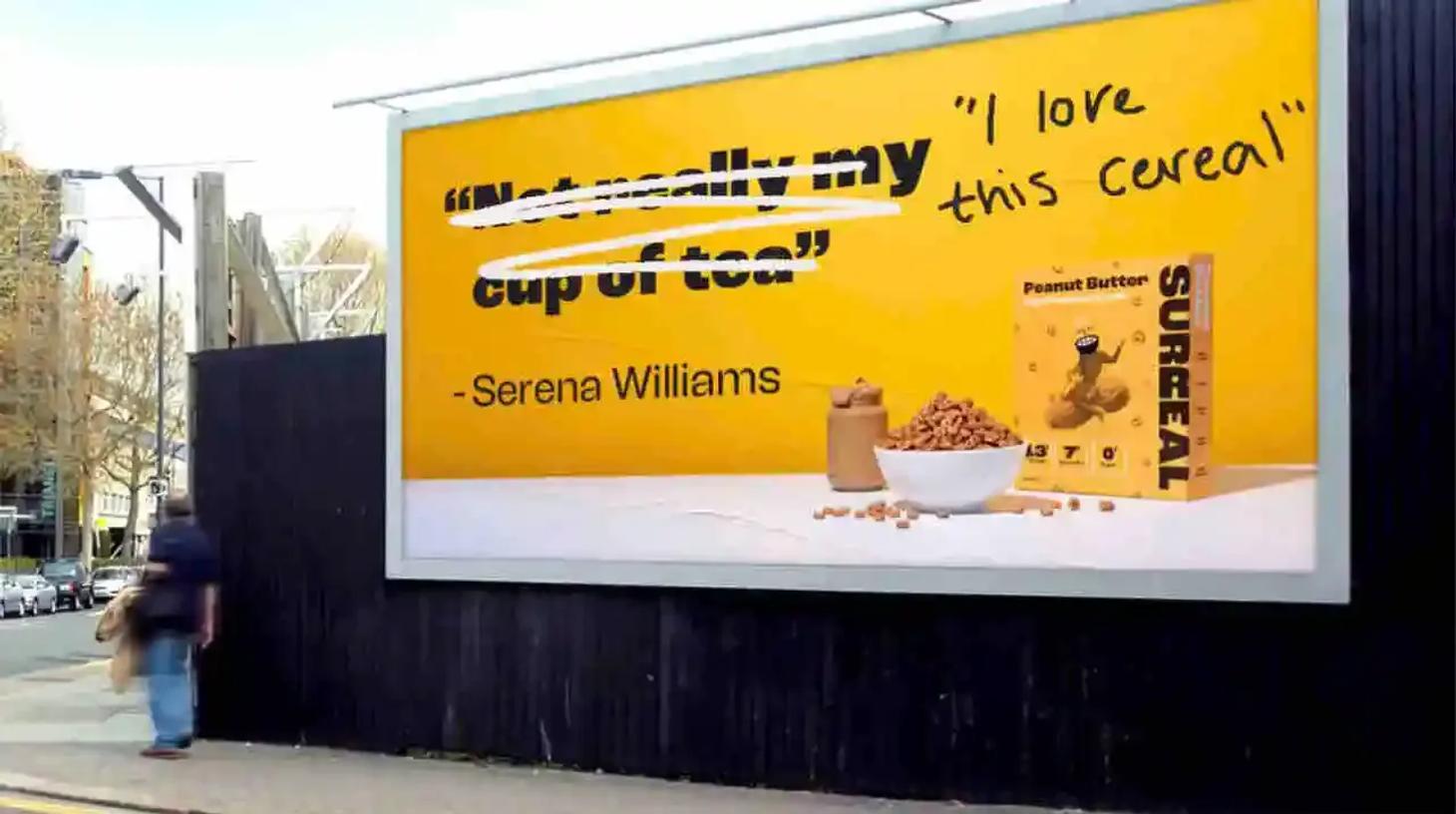 Surreal cereal billboard where a negative review from Serena Williams is crossed out and rewritten as 