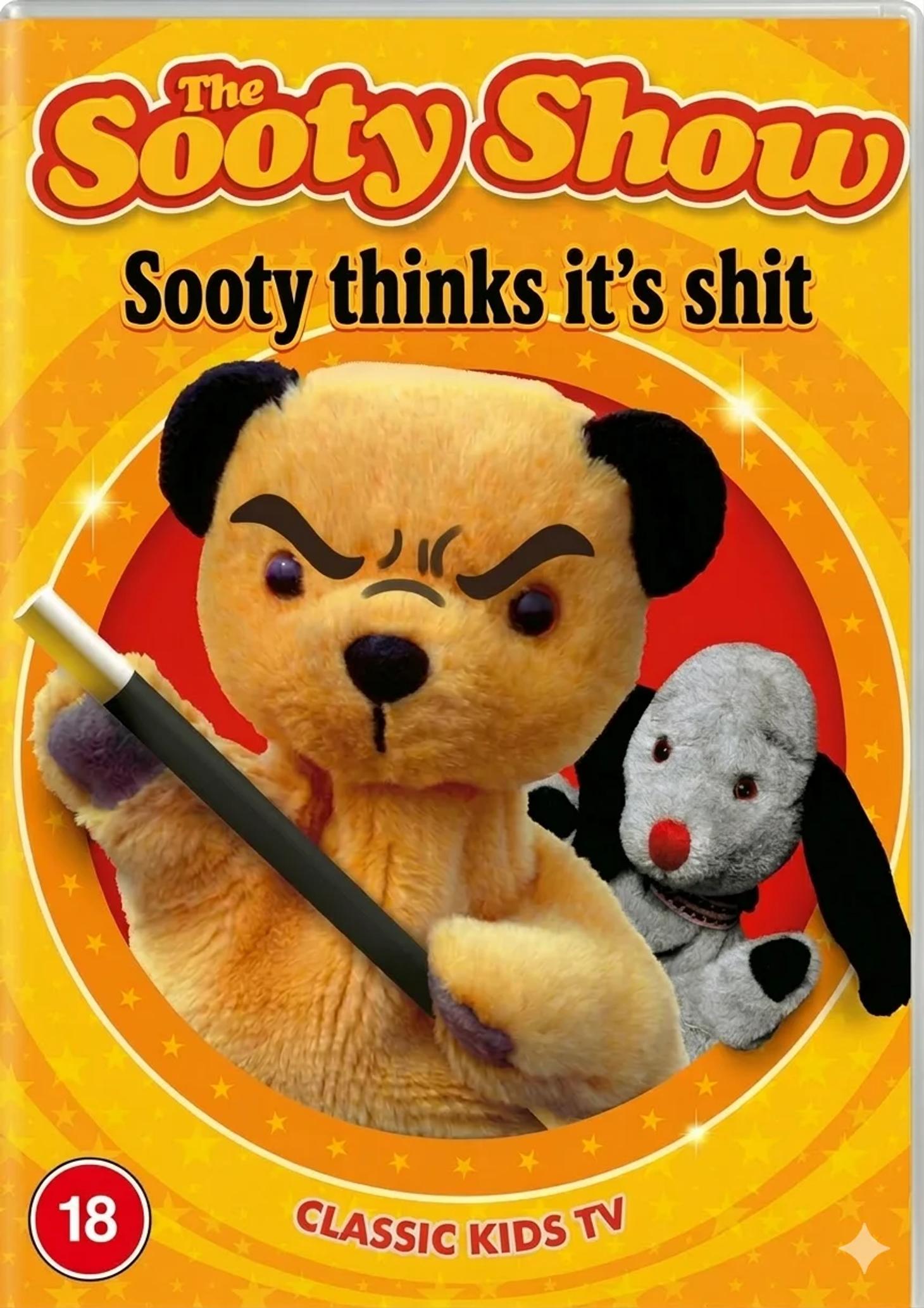 An edited version of a Sooty VHS cover, text reads “The Sooty Show: Sooty thinks it’s shit” and Sooty looks angry at poor creativity in advertising