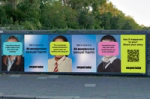 Billboard campaign by Everyone's Invited featuring student portraits with face-covering quotes about deepfakes and AI harm, paired with panels reading "Call it what it is: AI-accelerated sexual harm" and a QR code invitation to share stories.