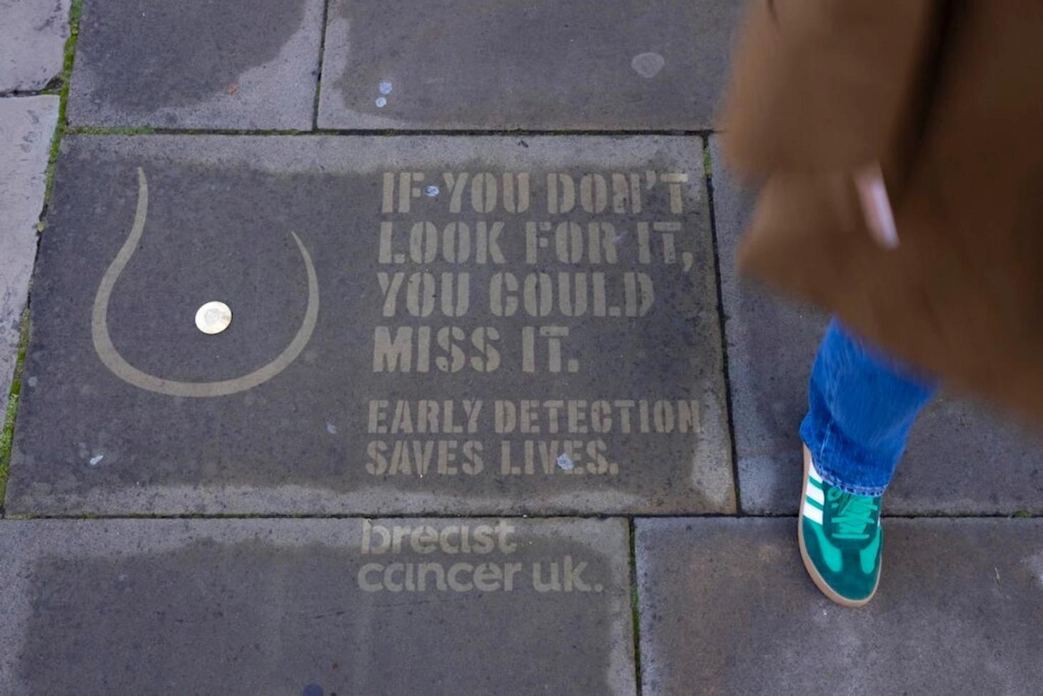 Street Nipples pavement stencil for Breast Cancer UK reading early detection saves lives