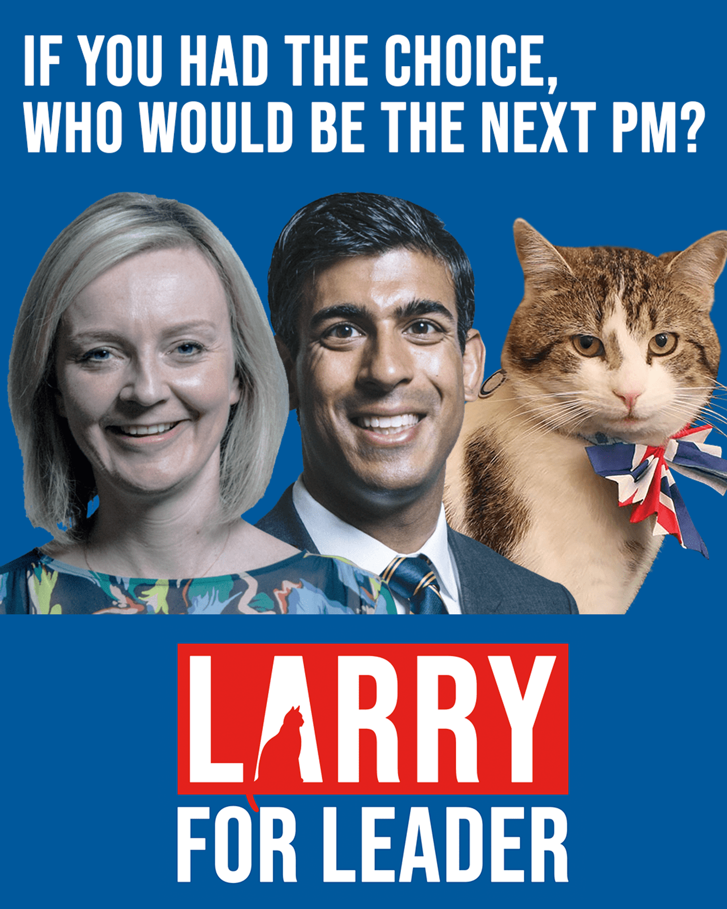 Campaign poster for Larry for Leader with images of Larry the cat and the conservative candidates