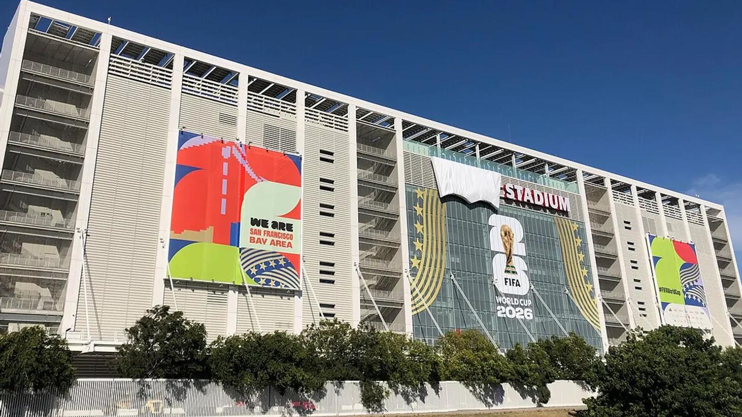 Levi's Stadium dressed for the 2026 FIFA World Cup, with a white tarp hiding the Levi's name above the word Stadium