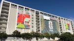 Levi's Stadium dressed for the 2026 FIFA World Cup, with a white tarp hiding the Levi's name above the word Stadium
