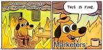 'This Is Fine' meme: a dog sips coffee in a burning room. Caption: The CMA can fine you for vague regenerative farming claims. Marketers: "This is fine."