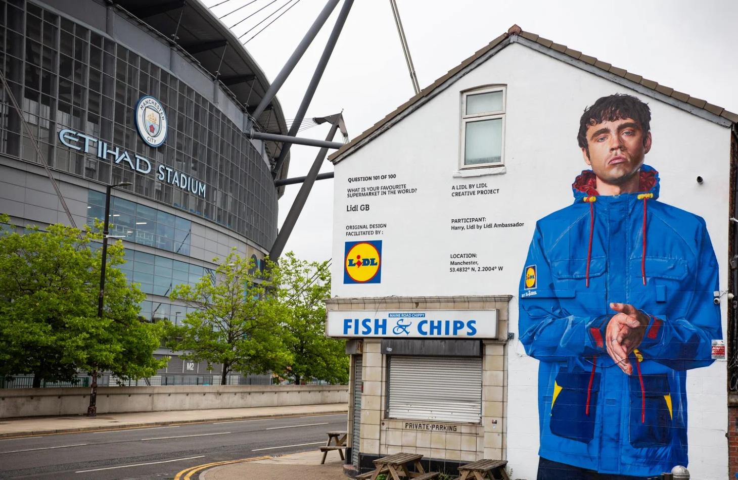 Lidl by Lidl parka mural of Oasis fan beside the Etihad, a Lidl PR campaign