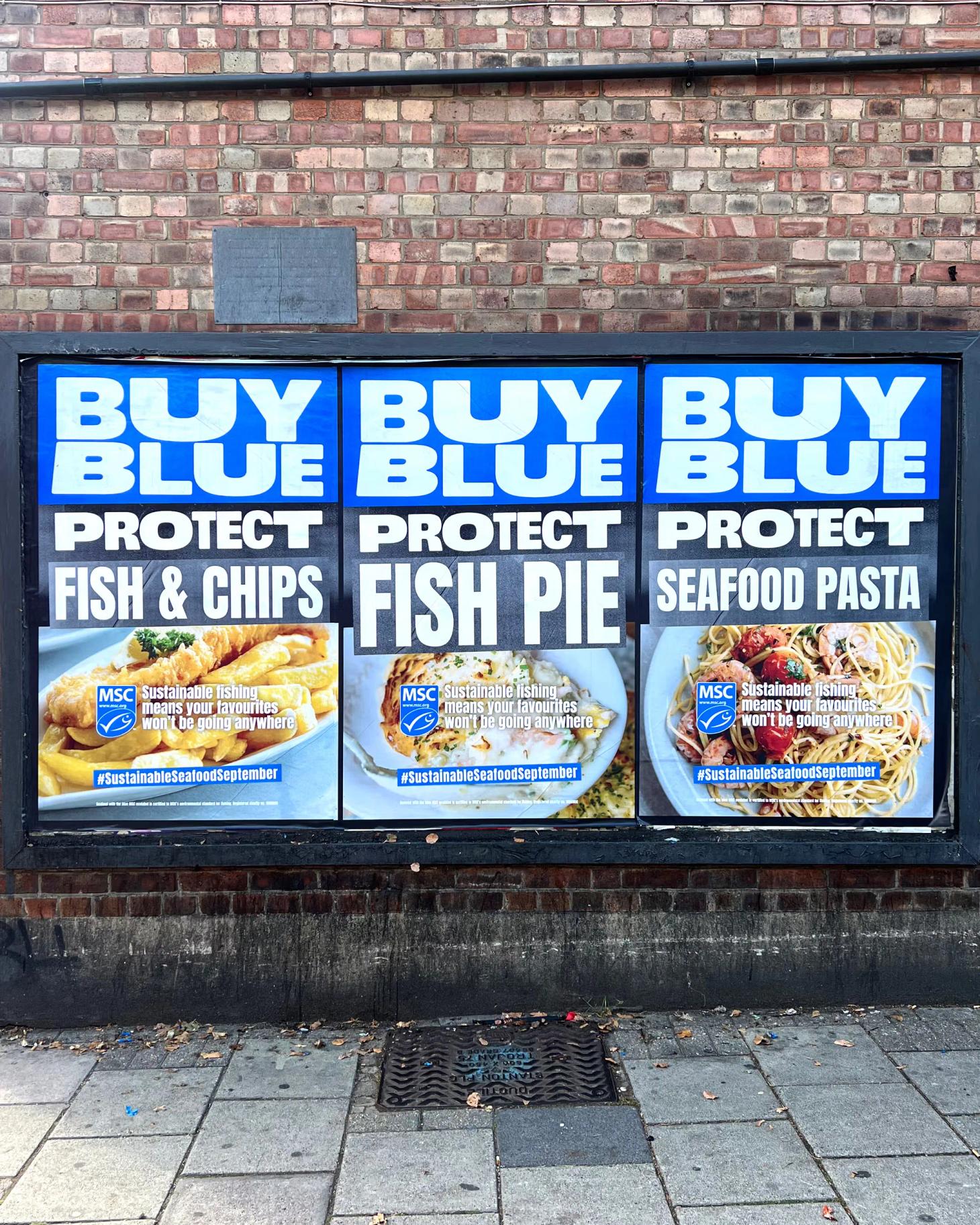 MSC Buy Blue, Protect Dinner billboards showing fish and chips, fish pie and seafood pasta with the blue ecolabel