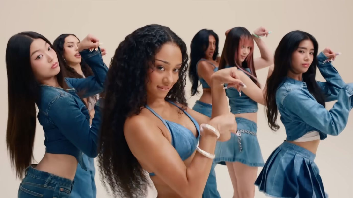 Girl group KATSEYE in denim performing their viral TikTok dance as part of Gap’s buzz marketing campaign