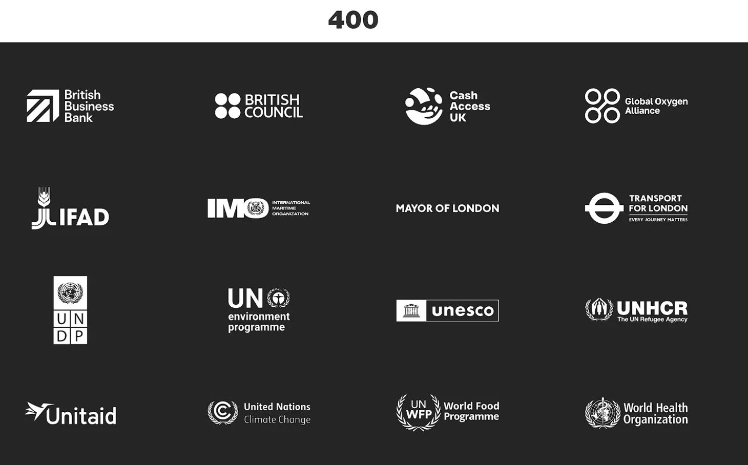 Image showing the brand logos of UK creative agency 400 Communications’ clients