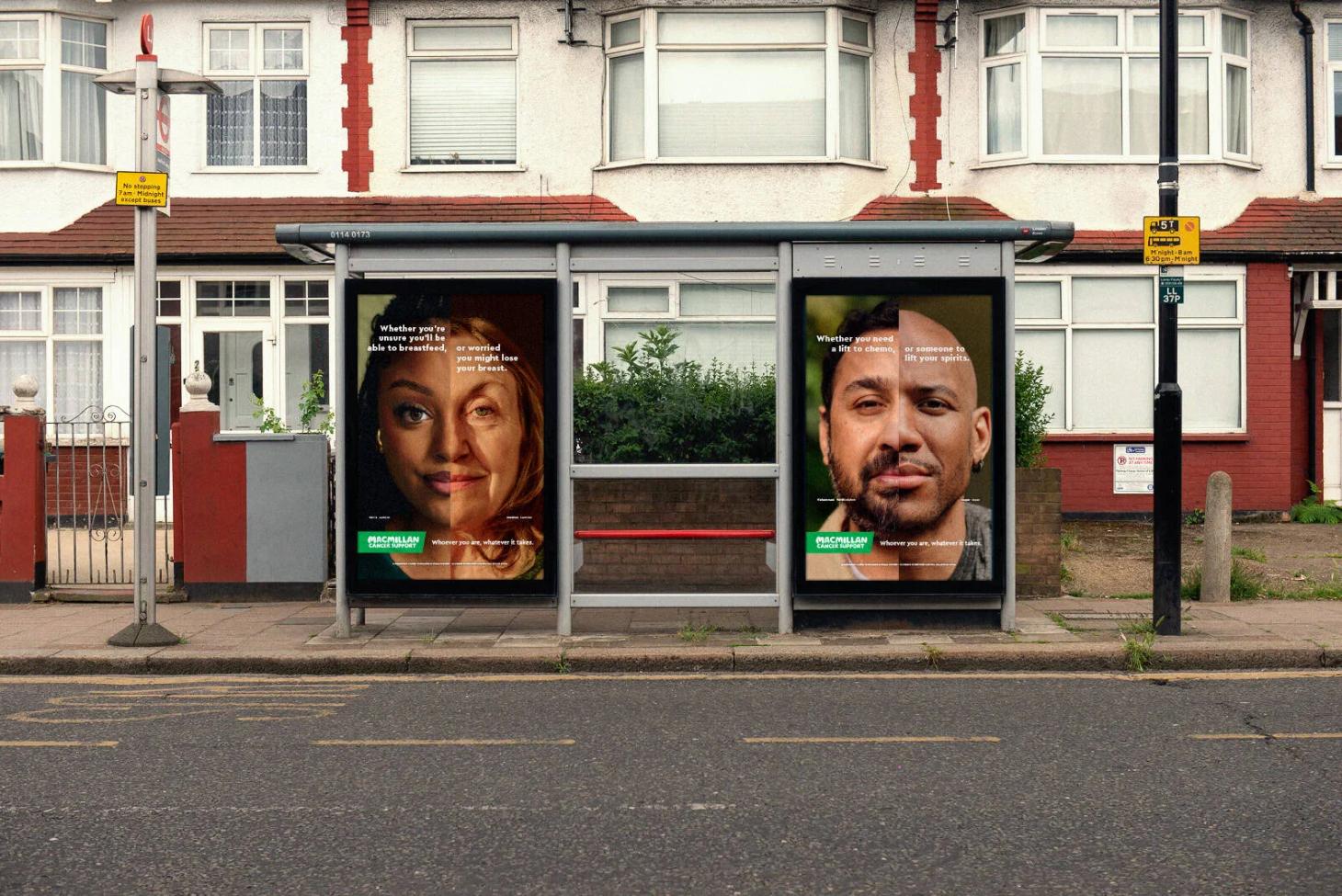 Macmillan Faces of Cancer split-face OOH portraits, one of the best charity marketing campaigns of 2025