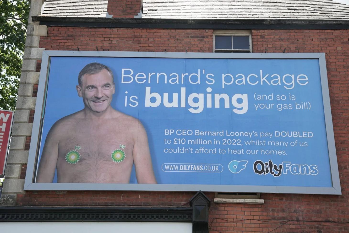OilyFans billboard satirising BP CEO pay during the energy crisis, a PR stunt