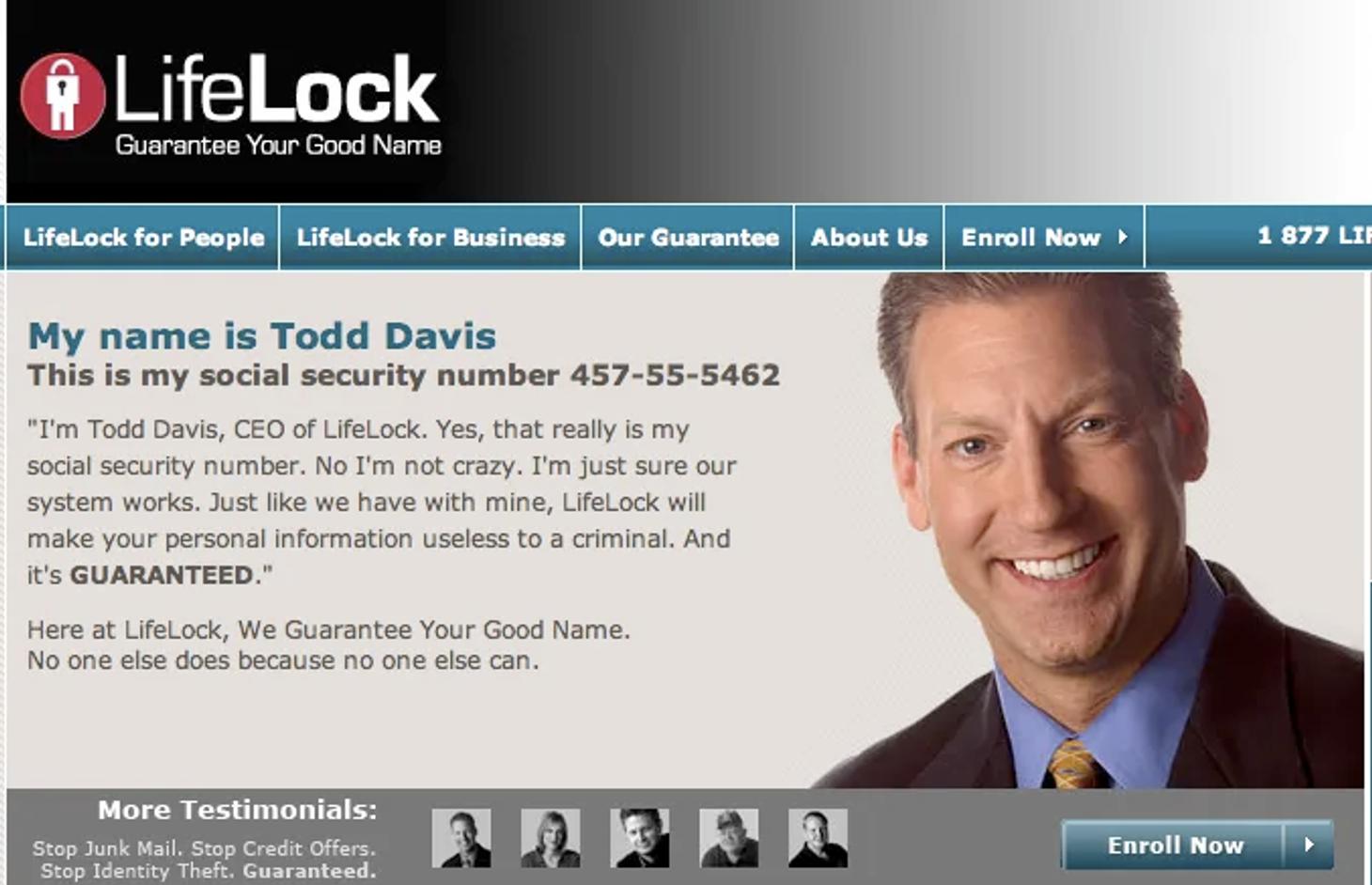 LifeLock web page showing CEO Todd Davis beside his real social security number, a PR stunt that backfired