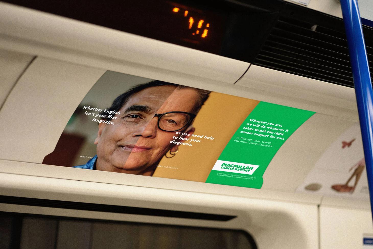 Macmillan Cancer Support Faces of Cancer split-face composite portrait displayed as a tube carriage advertisement