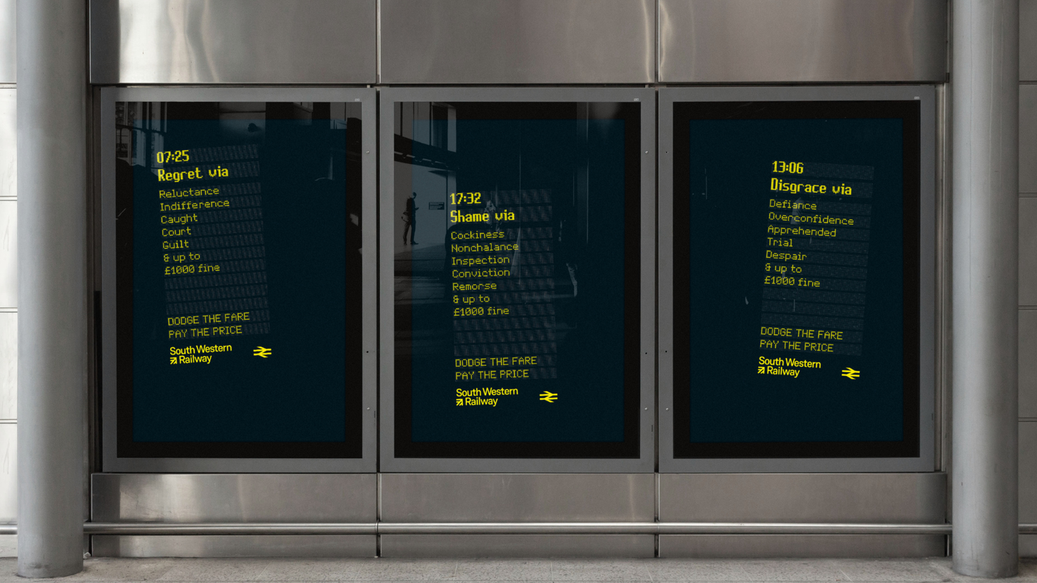 Three South Western Railway posters by St Luke's UK creative agency, styled as train departure boards that list regret, shame, and disgrace as consequences of fare evasion alongside the tagline 