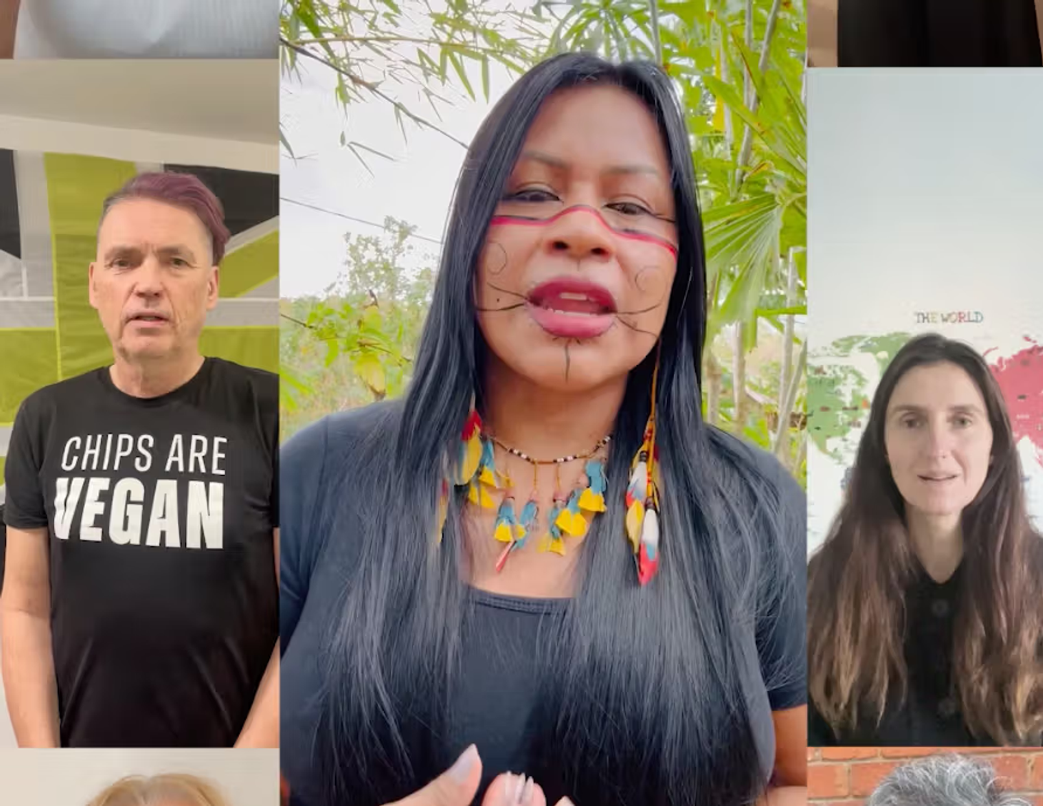 Three diverse individuals express ideas, creating shareable content for impactful campaigns, set against vibrant backgrounds.