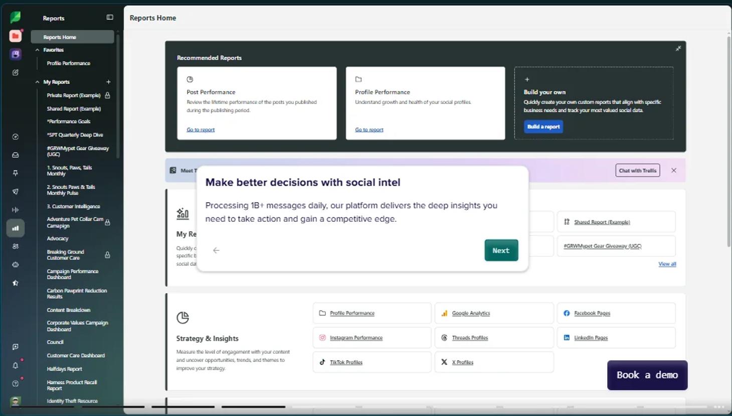 Sprout Social Reports Home dashboard with recommended reports and a custom report library.