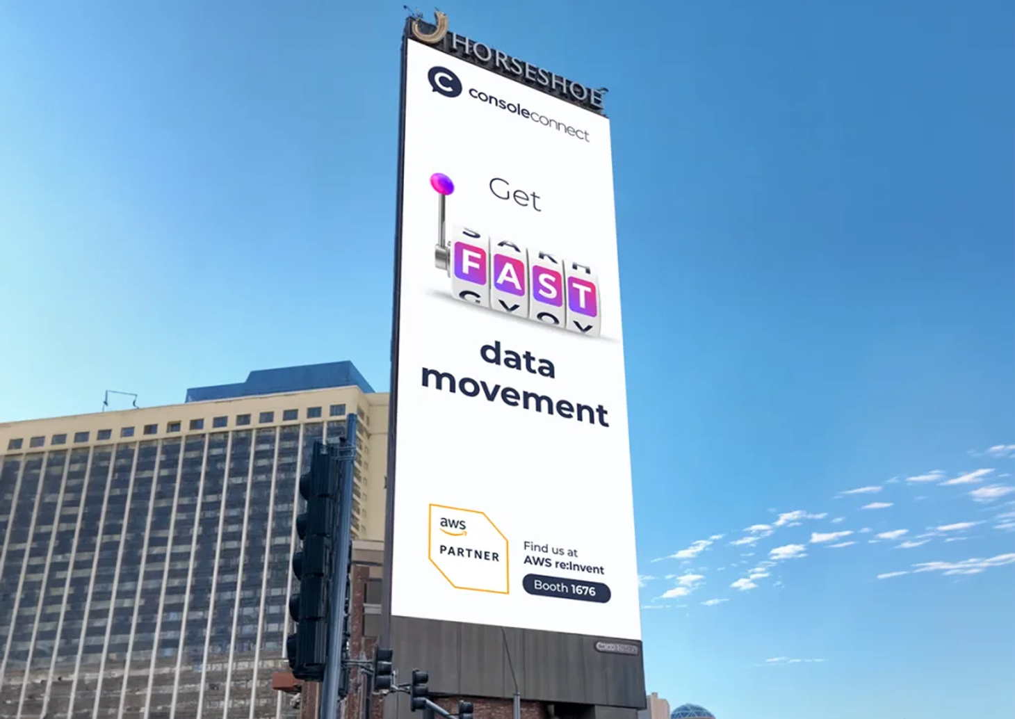 Console Connect Las Vegas billboard promoting AWS re:Invent, an example of B2B brand response advertising at events.