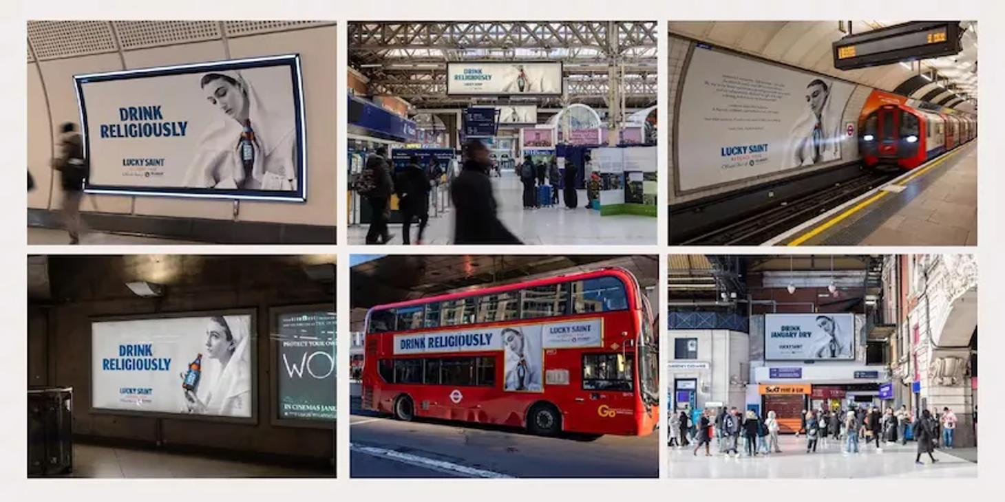 Lucky Saint Drink Religiously alcohol-free beer ads across London Underground, a bus and rail stations