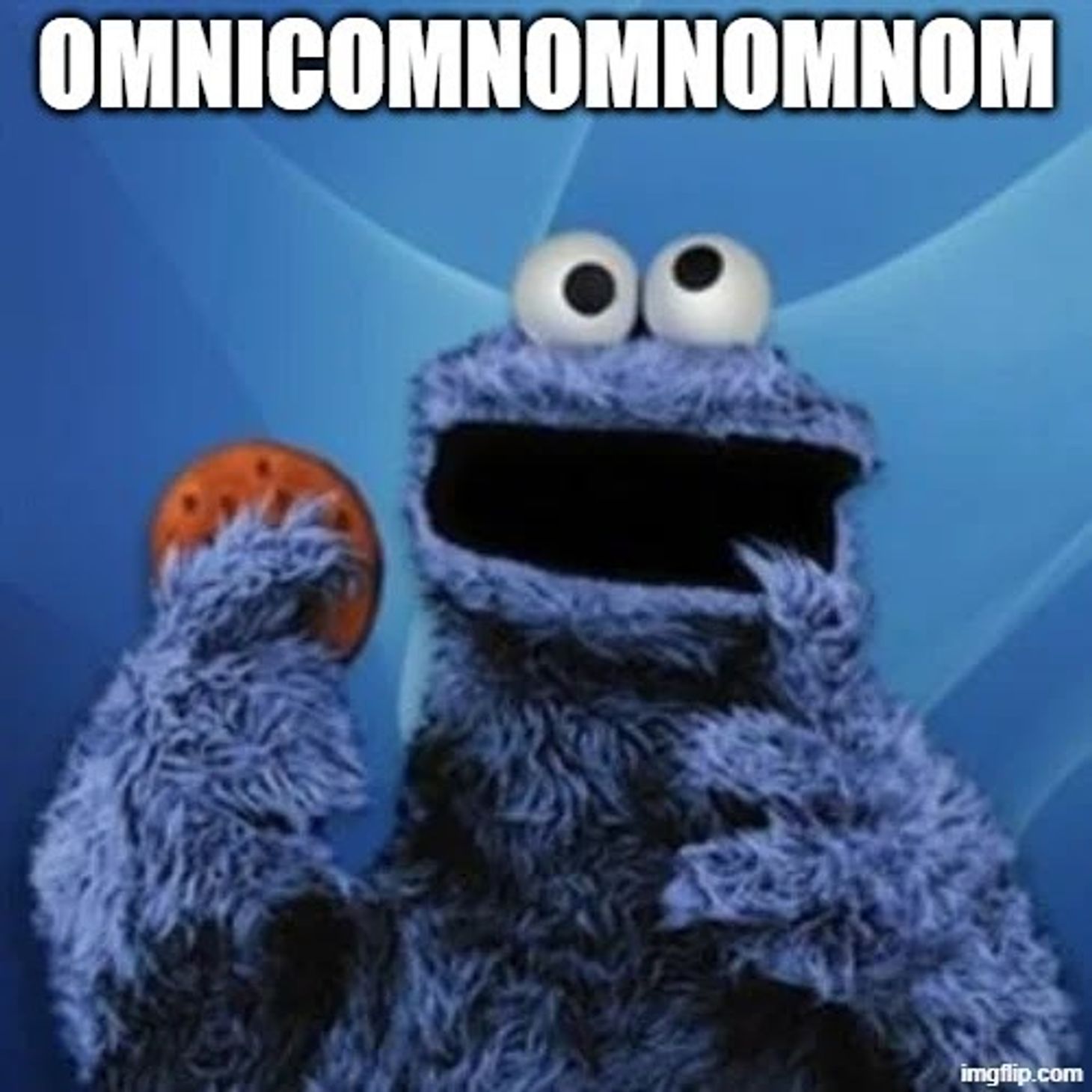 Meme referring to UK advertising agency Omnicom’s acquisitions, showing Cookie Monster holding a cookie with text reading “Omnicomnomnom”