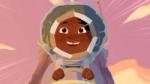 Animated girl in a homemade astronaut helmet, driving a rocket for Don't Panic & WaterAid's "Girl Who Built a Rocket" campaign.