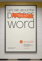 amicable billboard reading "Let's talk about the DIVORCE word" with a stat showing 42% of UK marriages end in divorce.
