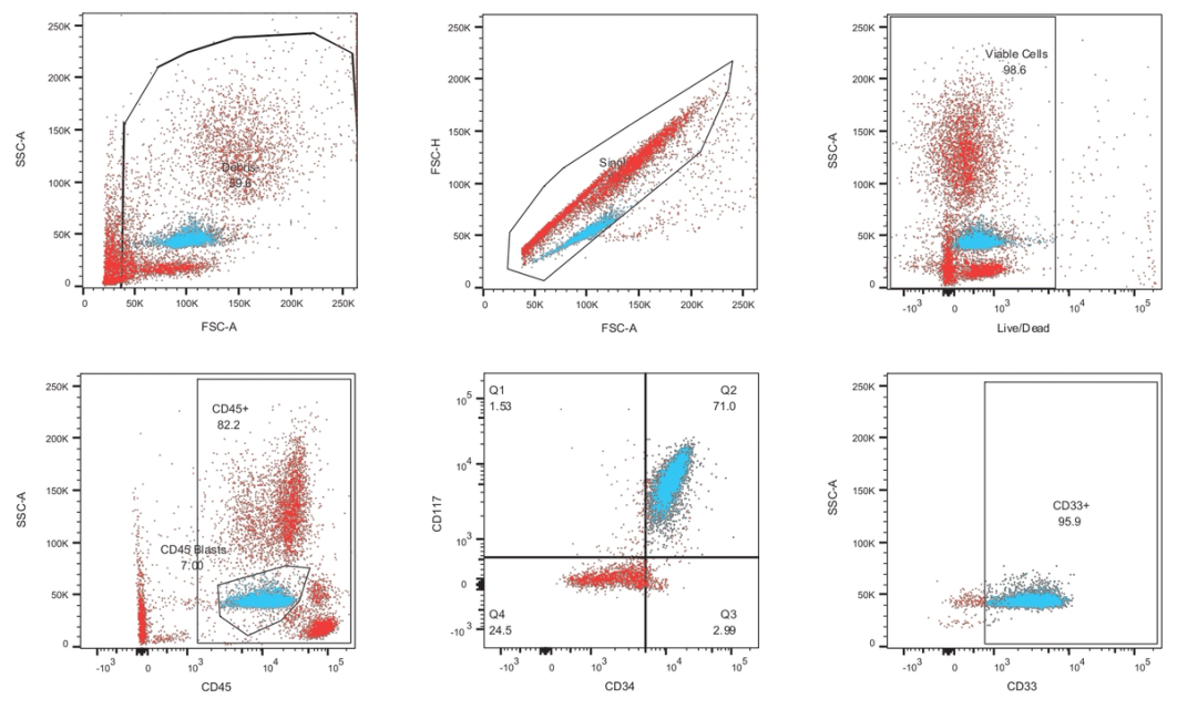 Figure 2: six gating plots of AML cell mimics (blue) spiked into healthy donor whole blood (leukocytes in red): scatter, singlets, viability, the CD45 blast gate, CD117 against CD34, and CD33