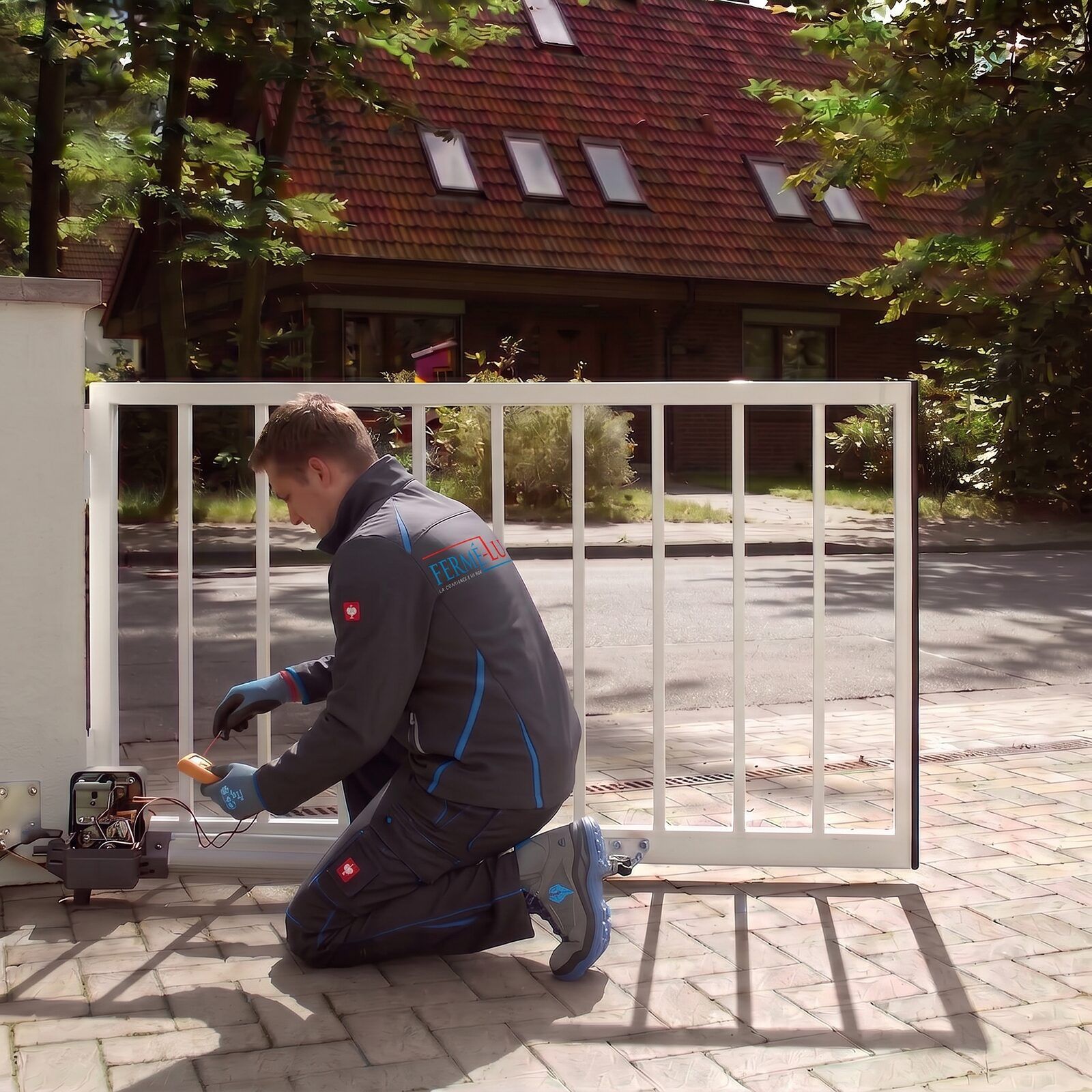 Fermé-Lux technician testing the motor of a white aluminium gate with a multimeter in front of a house