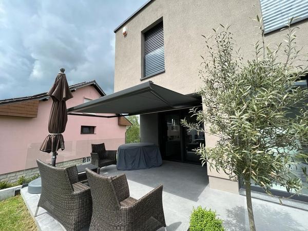Anthrazit Markise über Terrasse mit Olivenbaum im Kübel und Geflechtsesseln