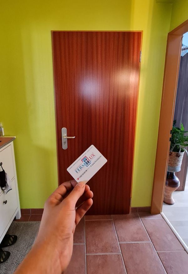 Innentür in Mahagoni-Furnier mit Edelstahlgriff in einem Flur mit hellgrünen Wänden