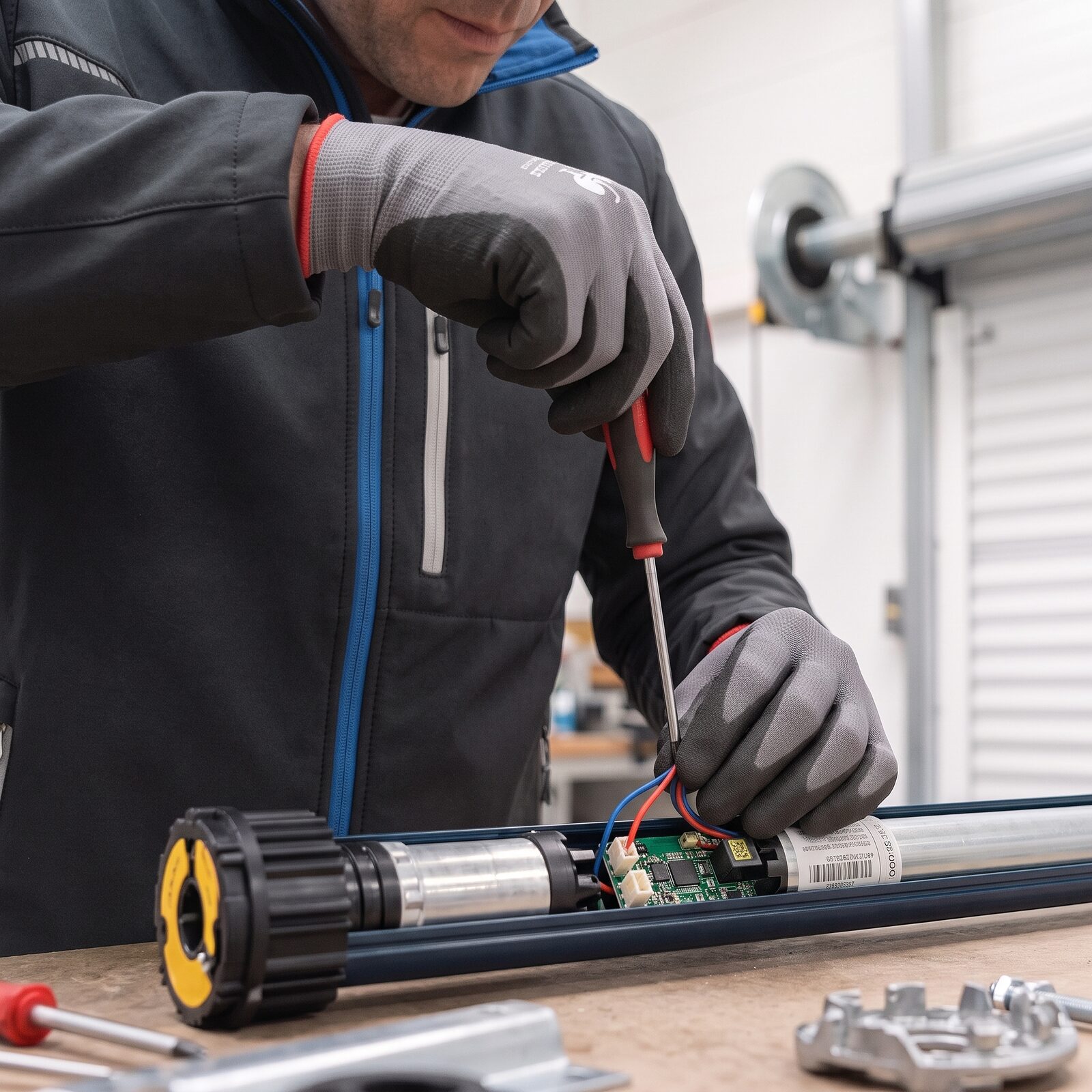 Technician wiring the circuit board of a sun protection tubular motor at the workbench