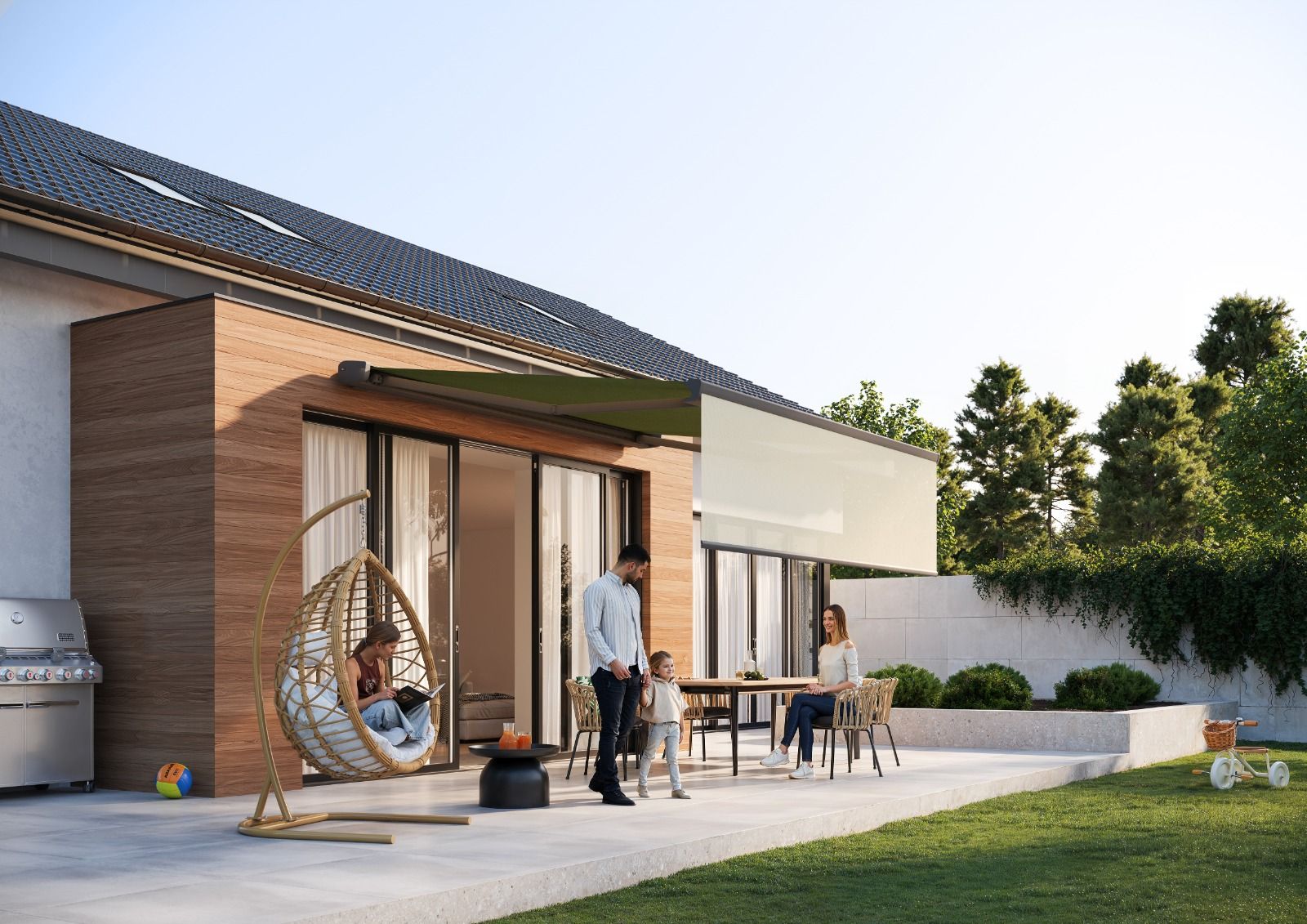 Kassettenmarkise von Erhardt Markisen mit grünem Tuch, ausgefahren über der Terrasse eines Einfamilienhauses