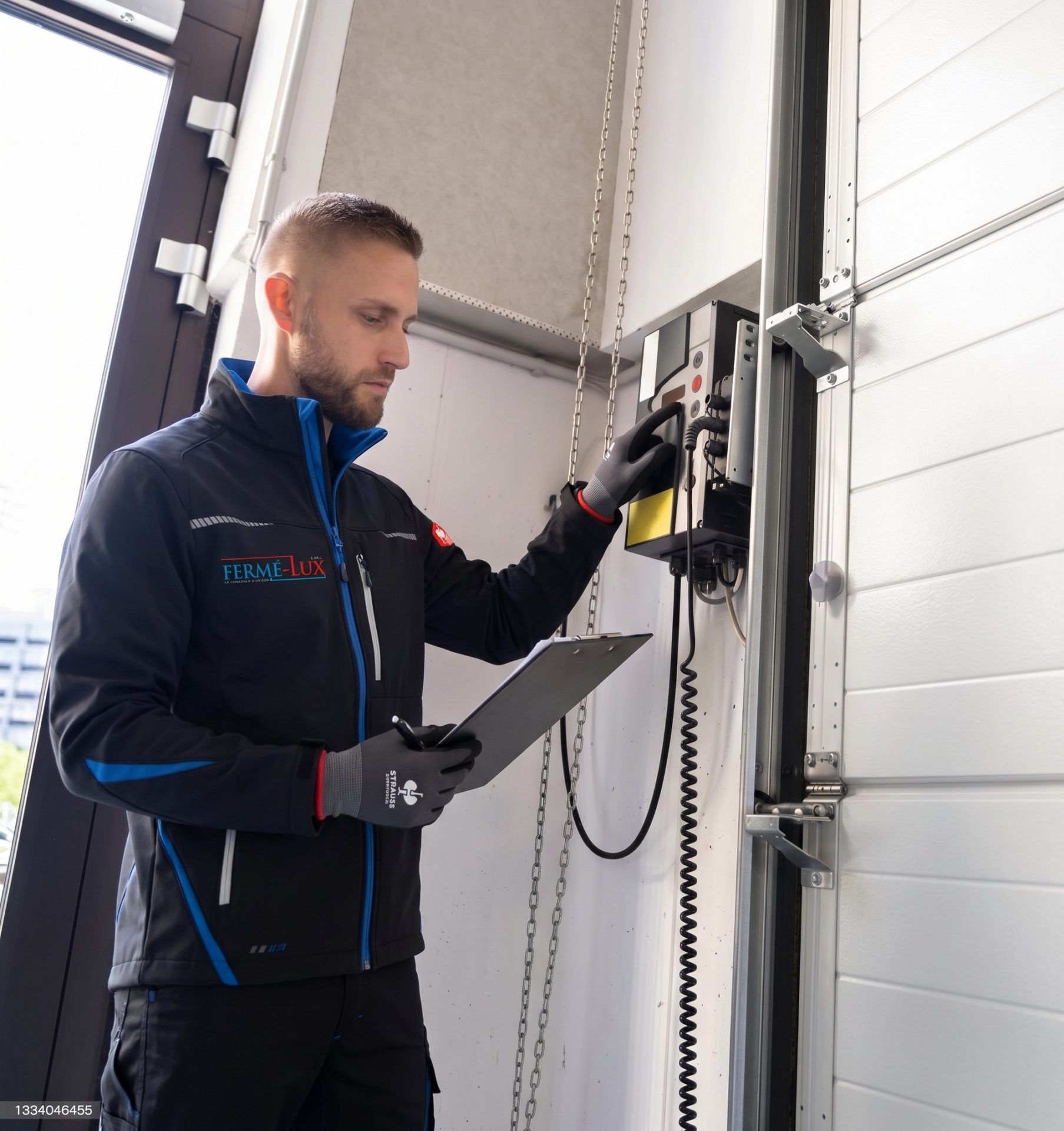 Fermé-Lux-Techniker prüft die Steuerung eines Industrietorantriebs, Klemmbrett in der Hand